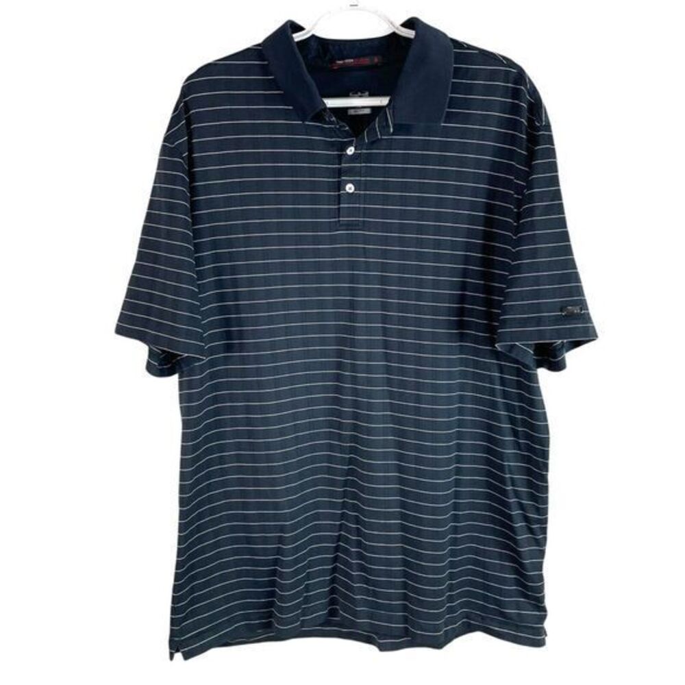 Tiger Woods Nike Mens Golf Polo Shirt XL Black Striped S/S Polyester Stretch